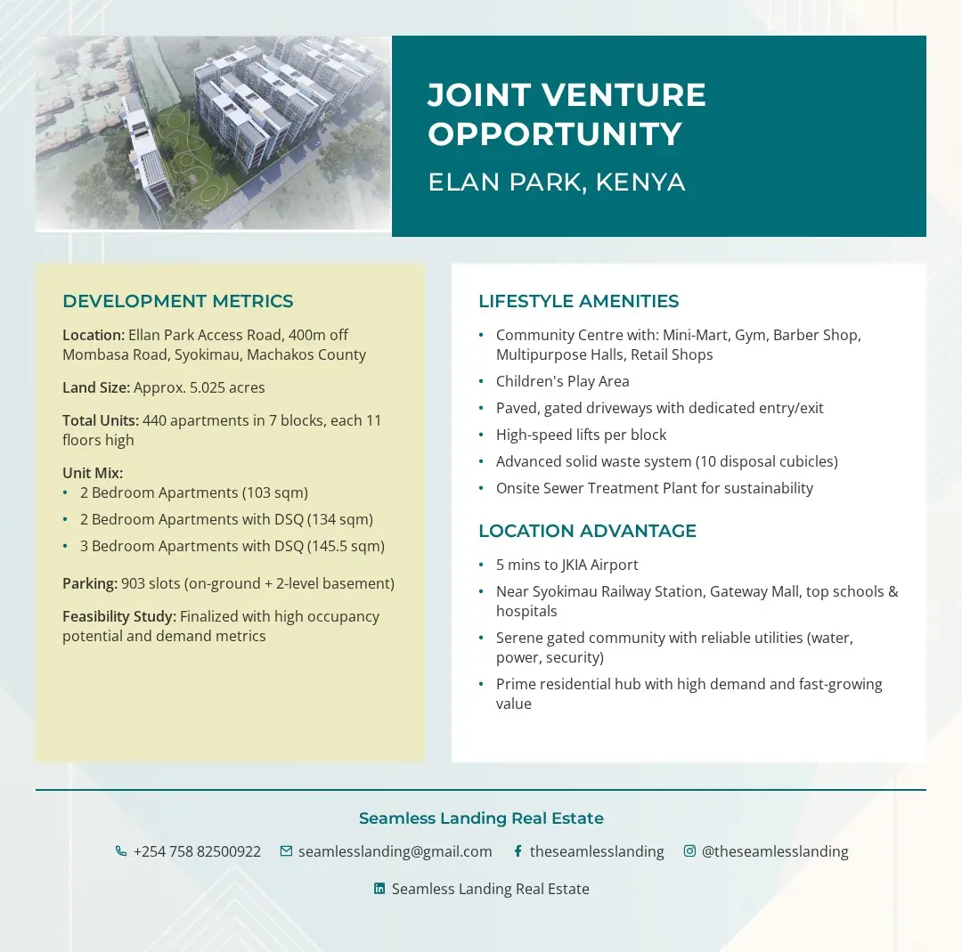 5-Acre Joint Venture Ellan Park Luxury Apartments: Urban Living Near JKIA | Modern High-Rise Development in Syokimau